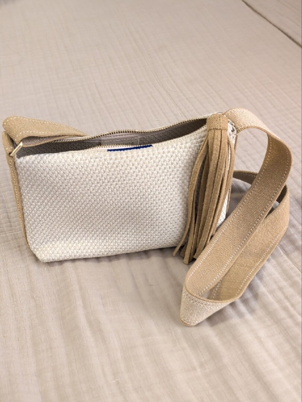 Rothy's The Casual Cream Woven Crossbody Bag with Tan Strap - Picture 5 of 8